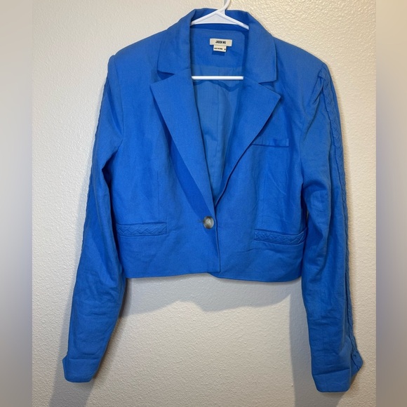 Jason Wu Womens Blue Linen Cropped Blazer Jacket Braided Trim Size Medium‎ - Picture 2 of 10